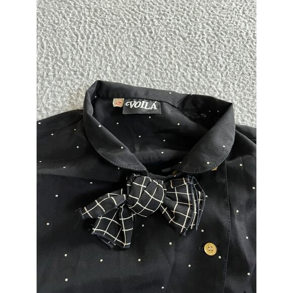 Voila Button Up Top 12 Large Bow Asymmetric Polka Dot Long Sleeve Retro Blouse - Picture 2 of 16